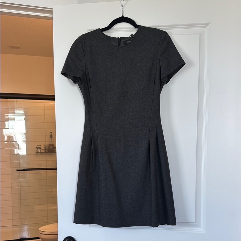 Theory dark grey black Sheath Mini Dress Crew Neck Short Sleeve